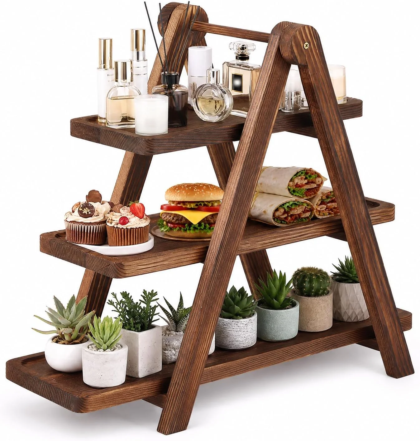 Wooden 3 Tier Foldable Serving Tray & Cupcake Stand