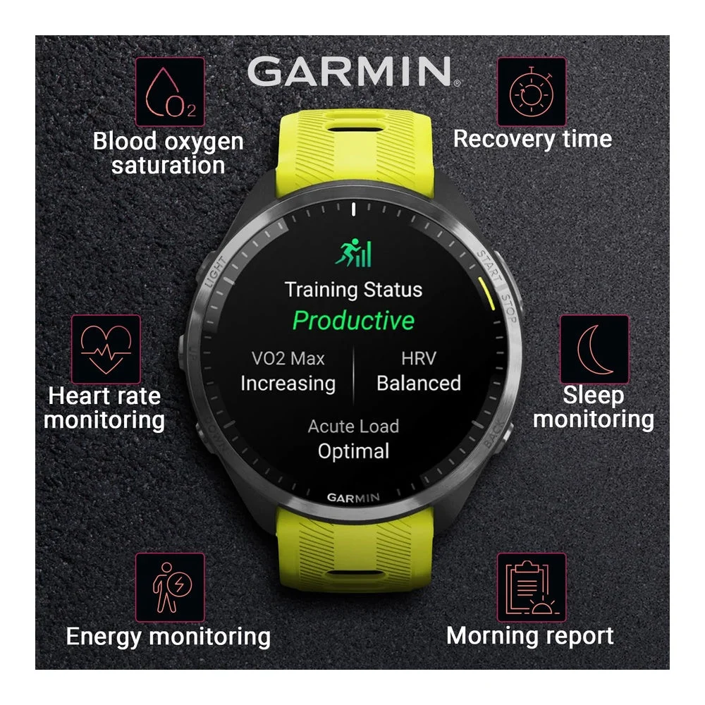 Garmin Forerunner 965 Smartwatch Premium, 1,4 Pulgadas, AMOLED, 32GB, GPS, Gris Carbón Y Amarillo