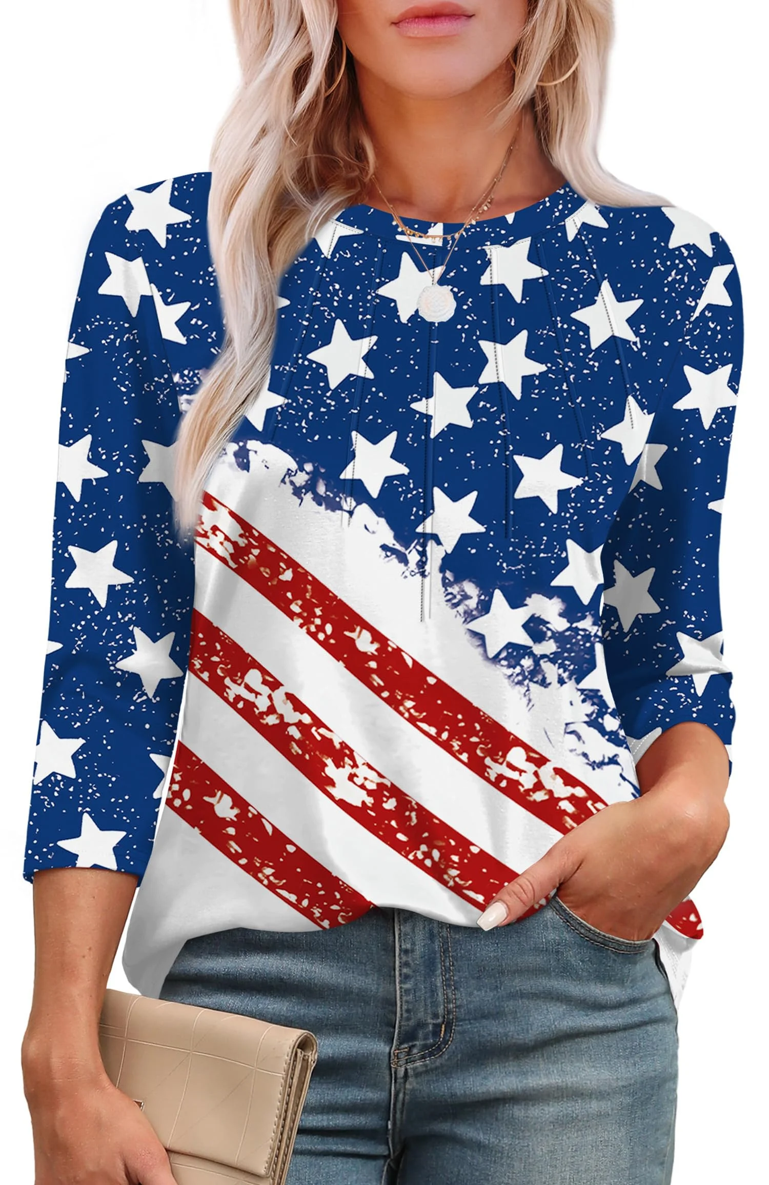 Blusa Xieerduo Manga 3/4 Cuello Redondo Plisada Suelta