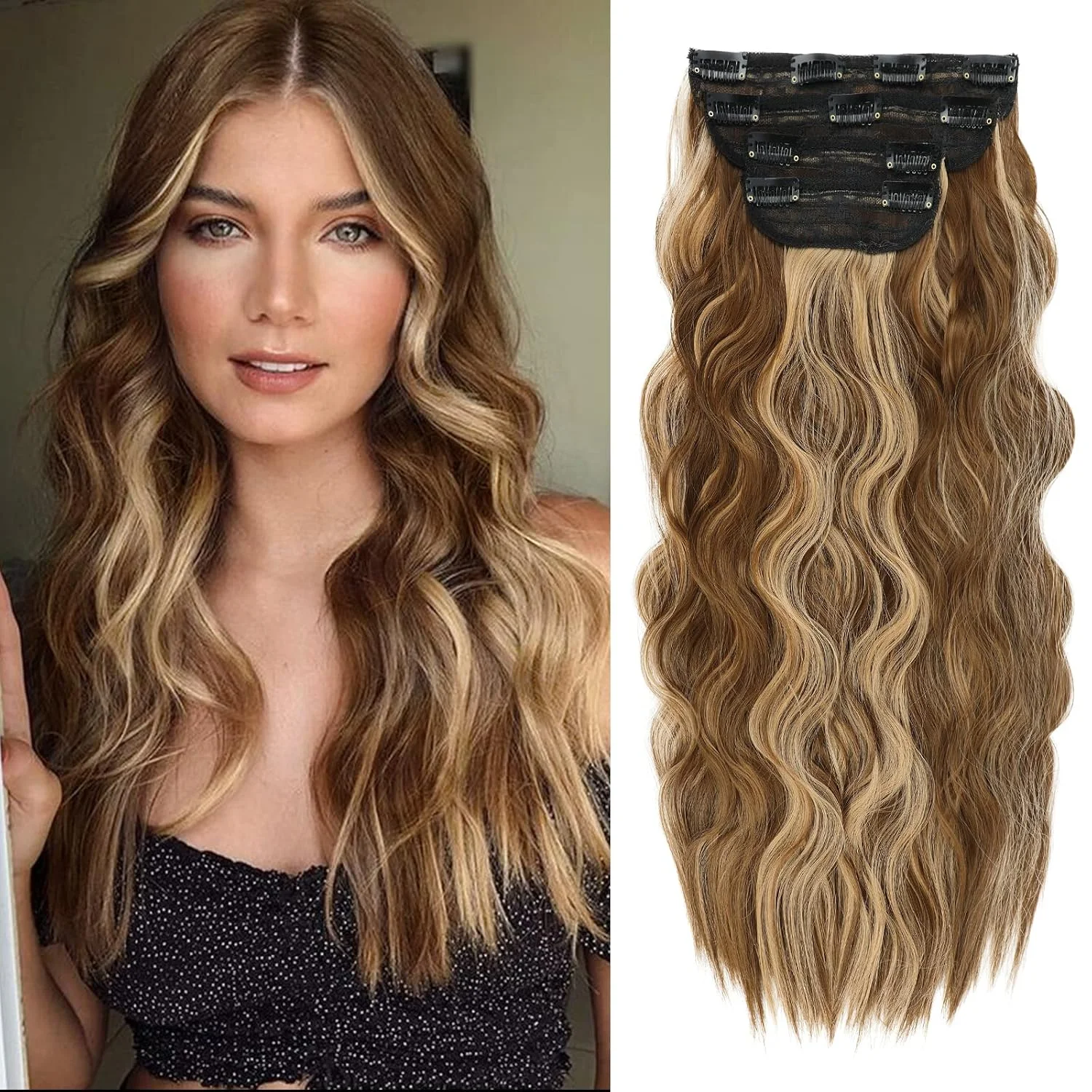 Extensiones de cabello clip in Verna 20 pulgadas caramelo marrón y rubio dorado 4 piezas
