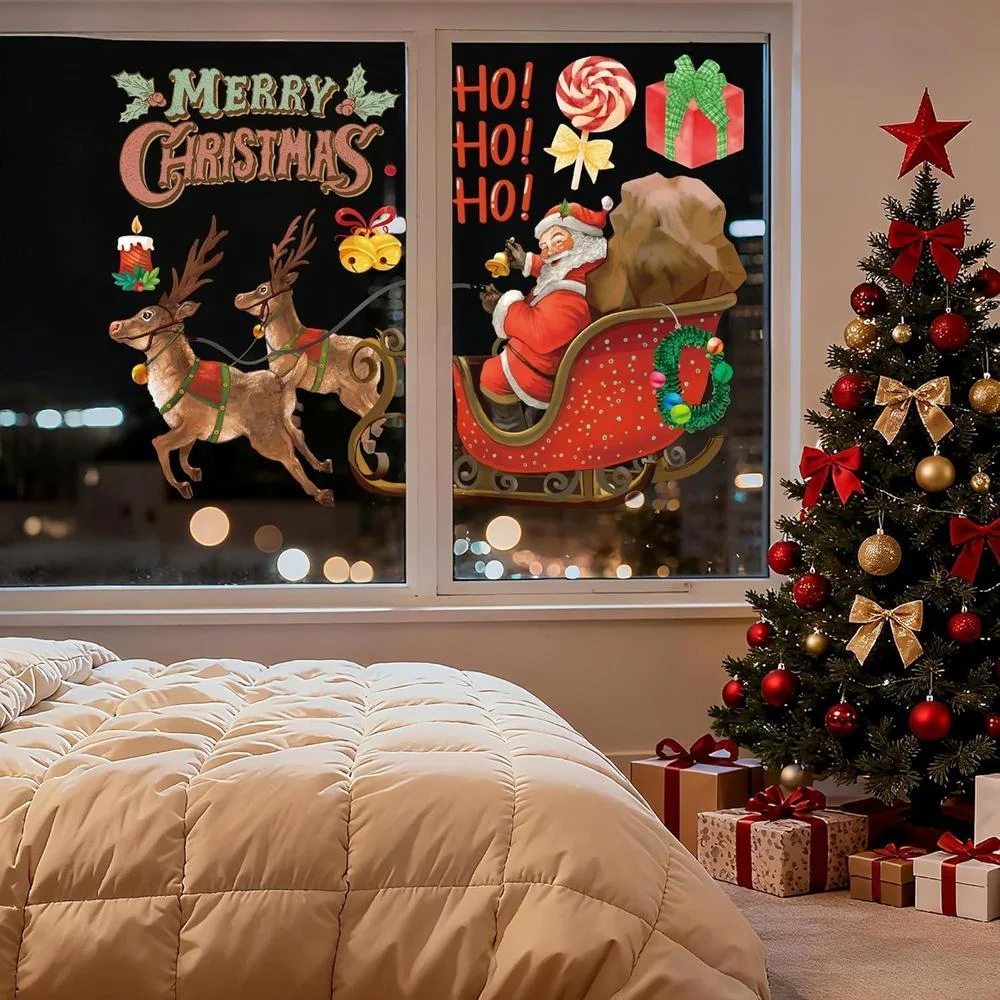 Calcomanías navideñas de copos y renos para ventanas, decoración interior y exterior, reutilizables y resistentes al agua