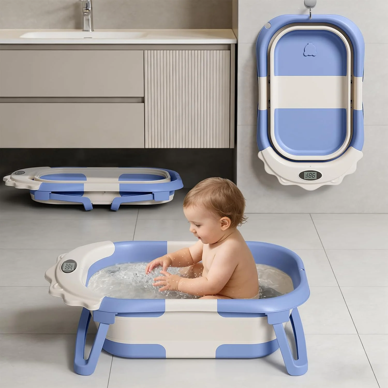 TPN Grow-with-Me 4 en 1 Bañera Plegable con Cojín y Termómetro Azul
