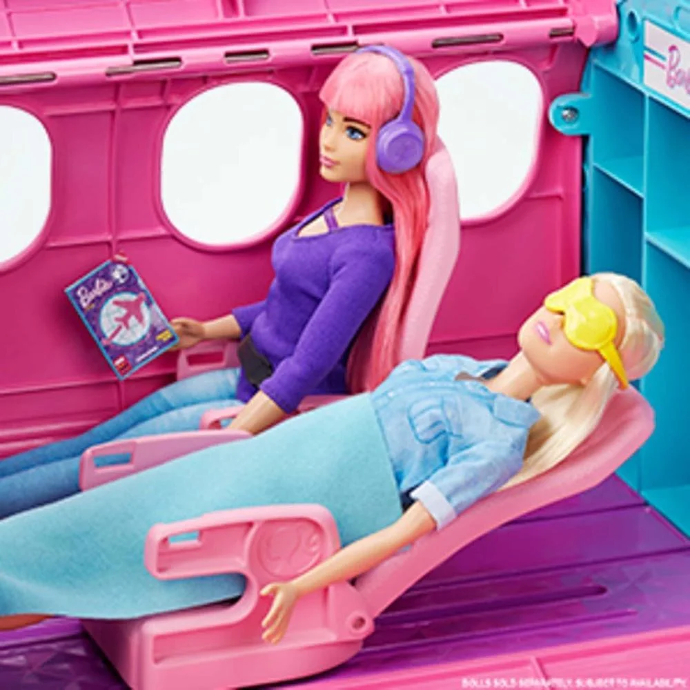 Barbie Dreamplane: Avión de Juego con Asientos Reclinables y Compartimentos Funcionales, Incluye Cachorro y Carrito de Snacks