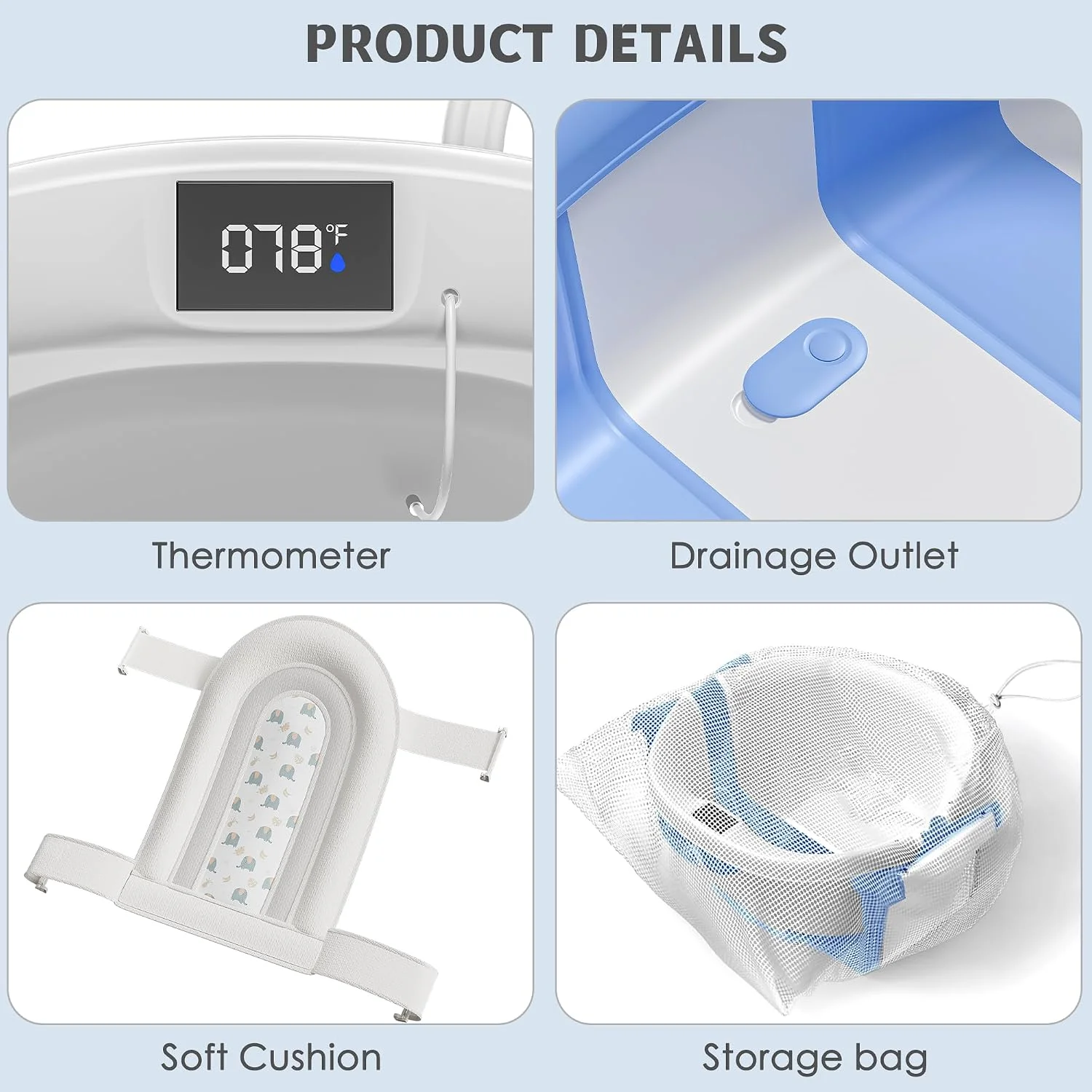 Himold Bañera Plegable Amplia para Bebé con Termómetro y Cojín Azul