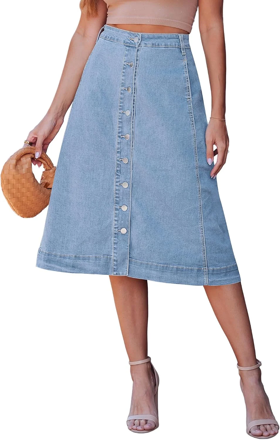 Falda Jean Midi Luvamia Talle Alto Botones Elástica con Bolsillos