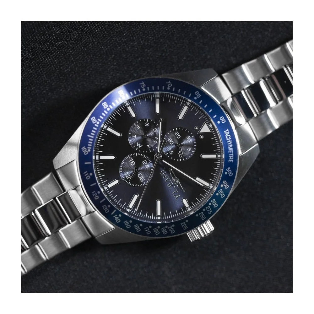 Reloj Invicta Aviator para hombres en acero inoxidable plata con esfera azul, movimiento de cuarzo y hebilla de espiga
