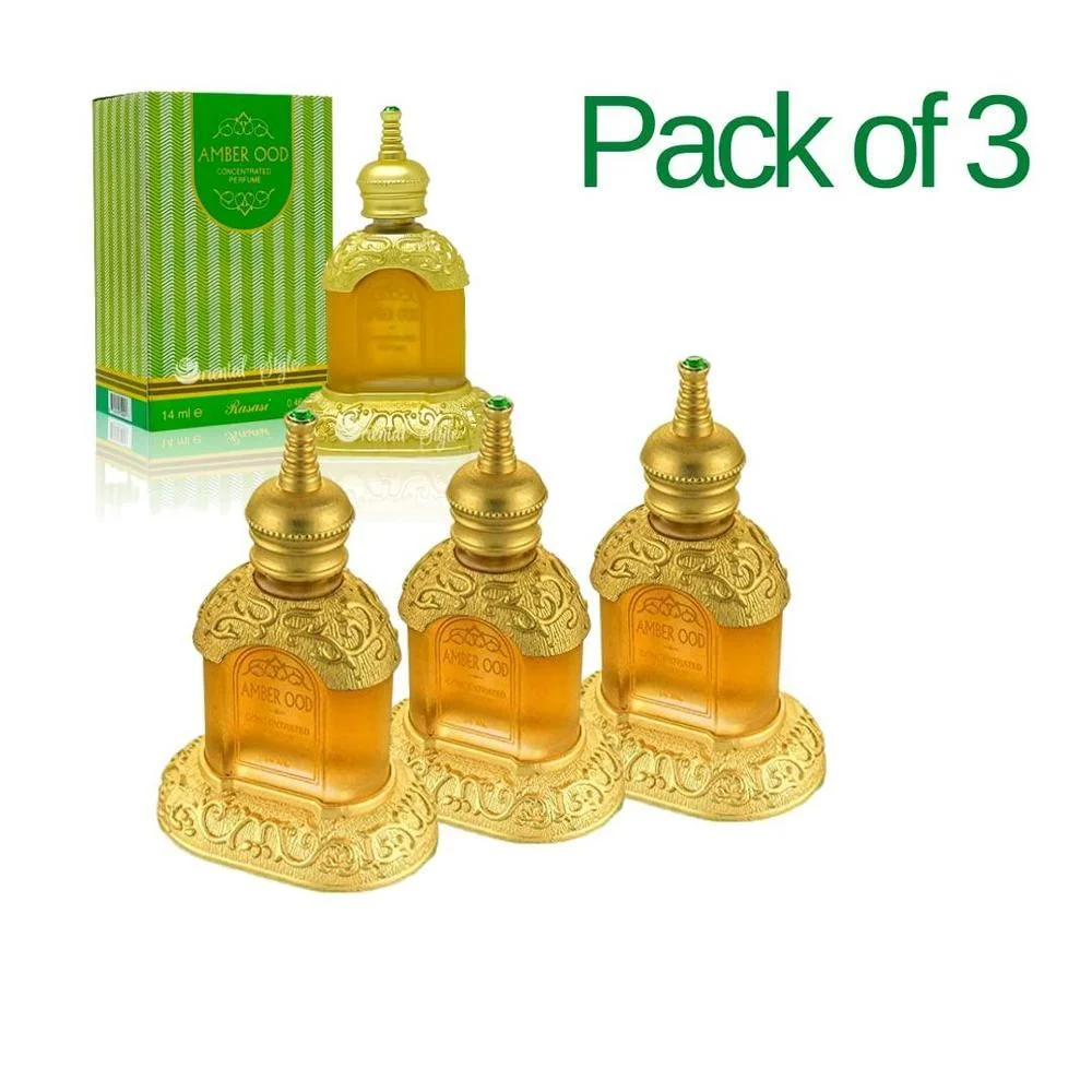 RASASI Amber Oud unisex Aceite de perfume concentrado con notas de rosa, ámbar, oudh y almizcle, paquete de 3 unidades