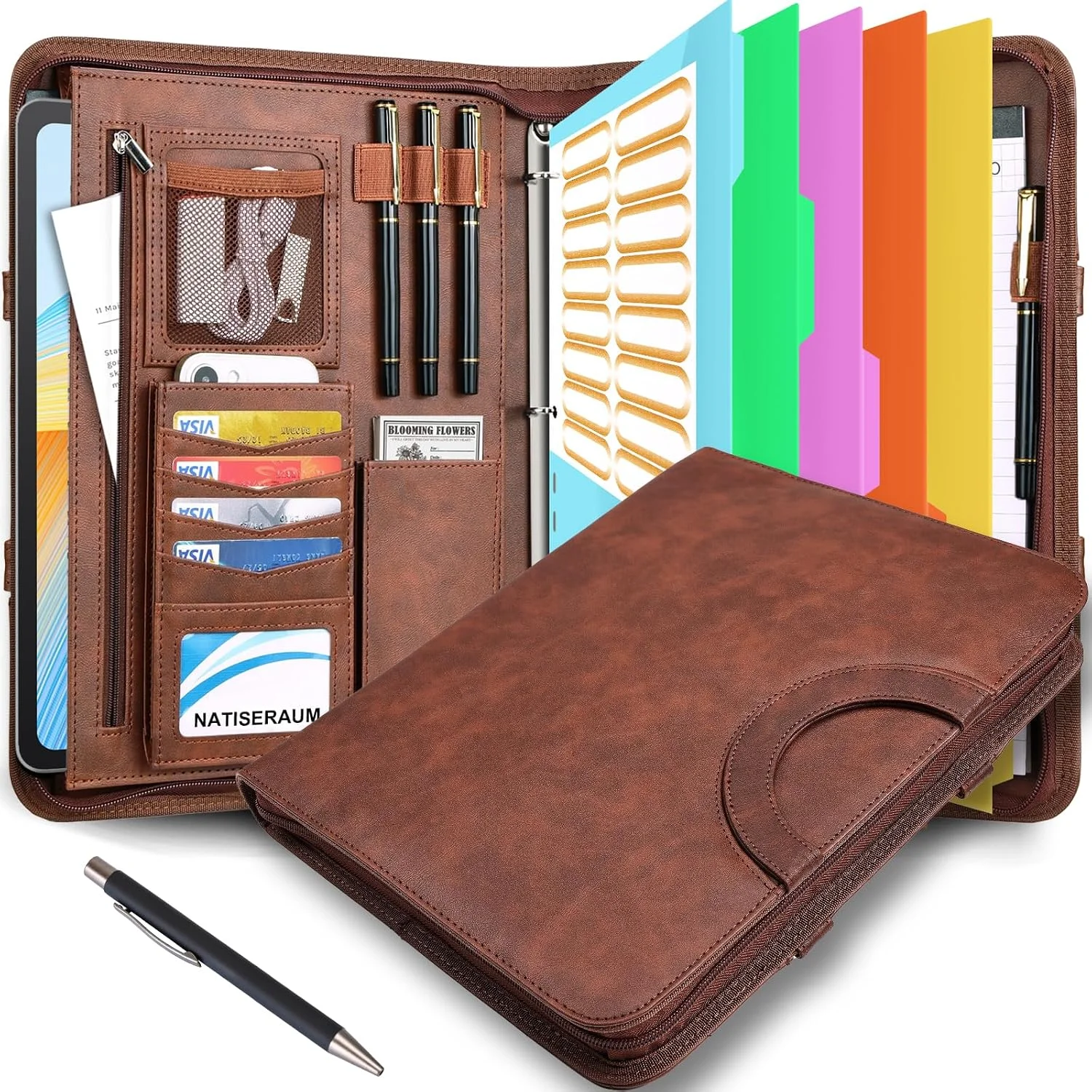 NATISERAUM Padfolio Portfolio Binder with Handle, 3-Ring Folder Organizer, Vegan Leather Portfolio with Notepad Includes 5 Dividers with 10 Pockets for Documents Filesfor Documents Files and 1 Pen