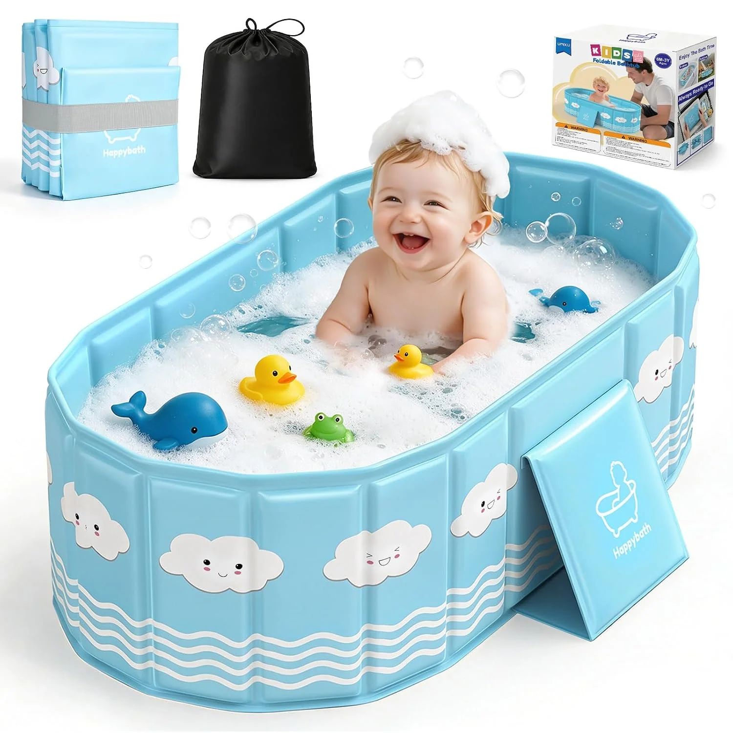 UMIKU Bañera Plegable para Bebé con 2 Tapones de Drenaje Azul