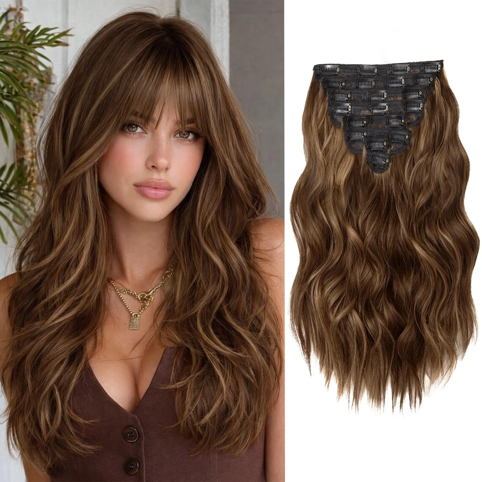 Extensiones de cabello clip-in onduladas rubio claro 8 piezas 16 pulgadas