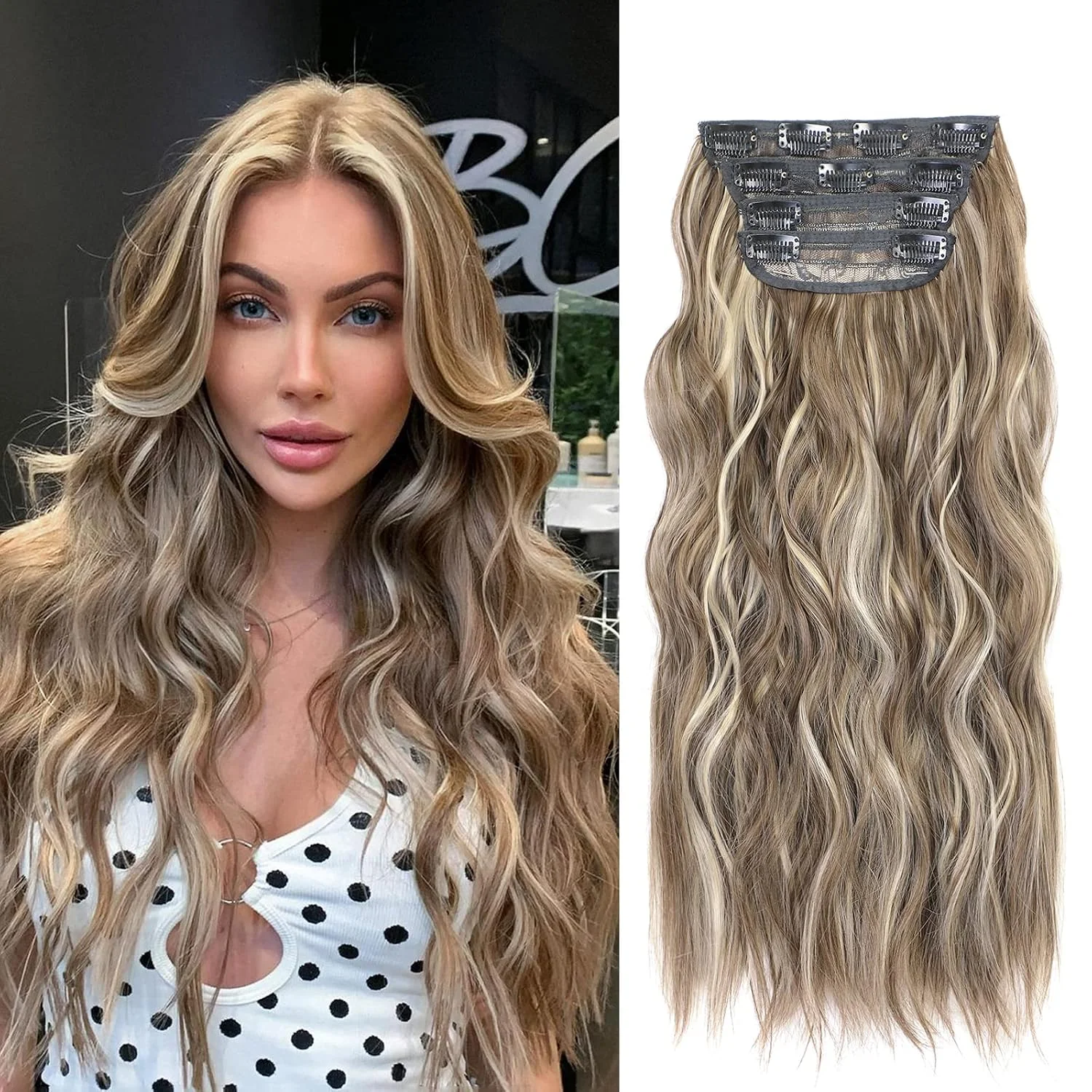 Extensiones de cabello clip in VERNA ondulado balayage marrón a rubio caramelo 20 pulgadas 4 piezas