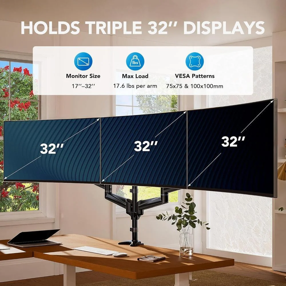 Soporte triple HUANUO para monitores de hasta 32 pulgadas, ajuste en inclinación, giro y diferentes opciones de montaje