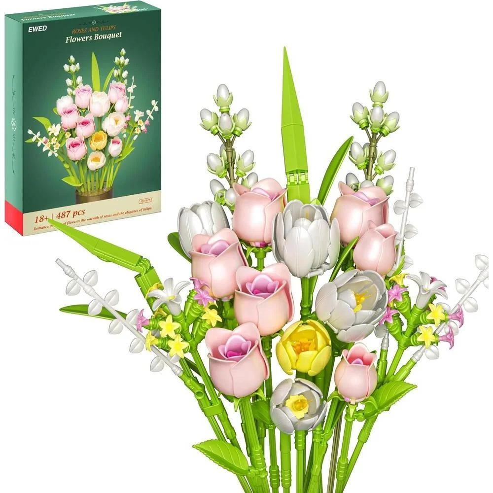 EWED Tulip Rose Flowers Building Set Compatible with Lego Flower for Adults