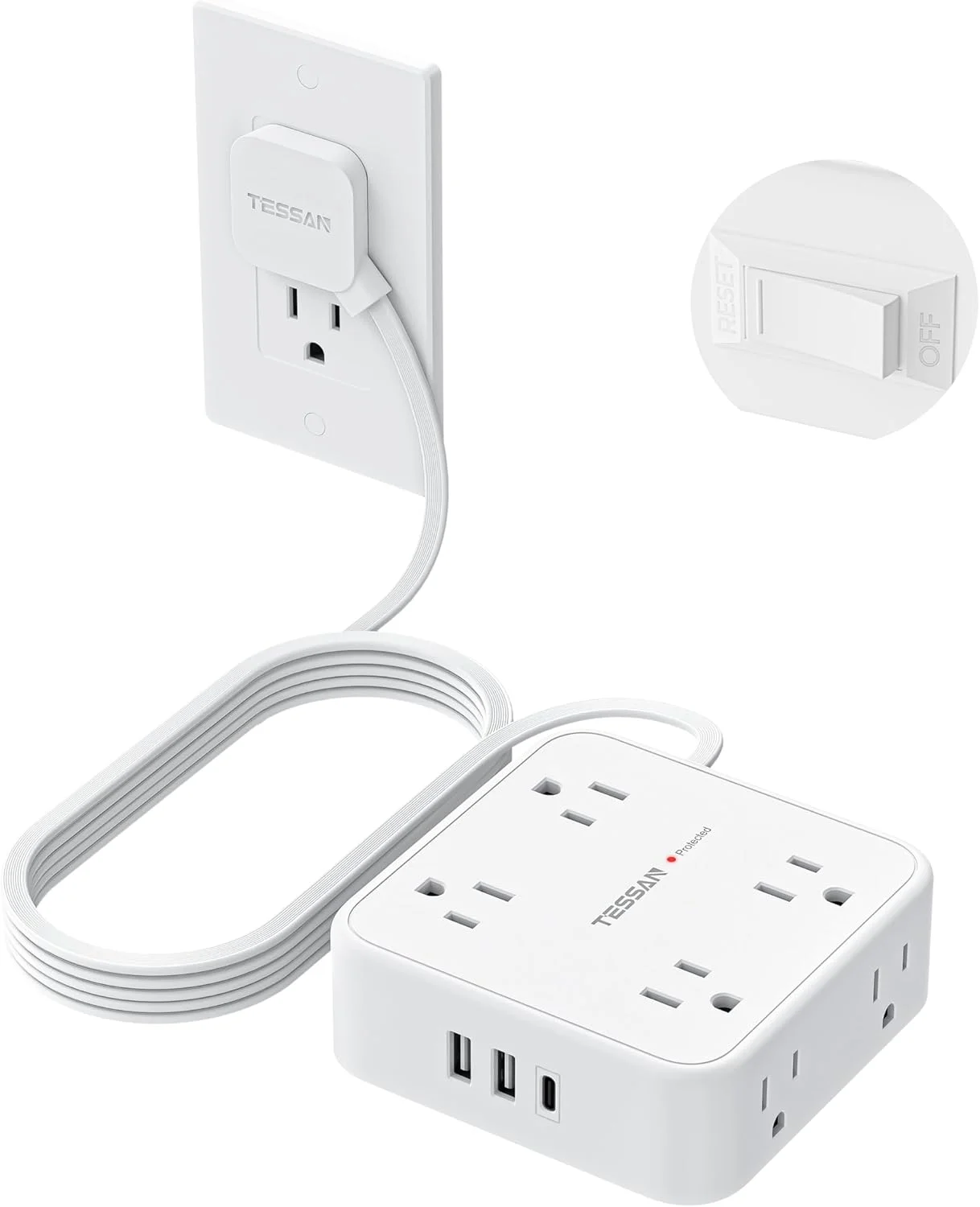 TESSAN Surge Protector Power Strip with 900J Surge Protection, 10 Ft, White