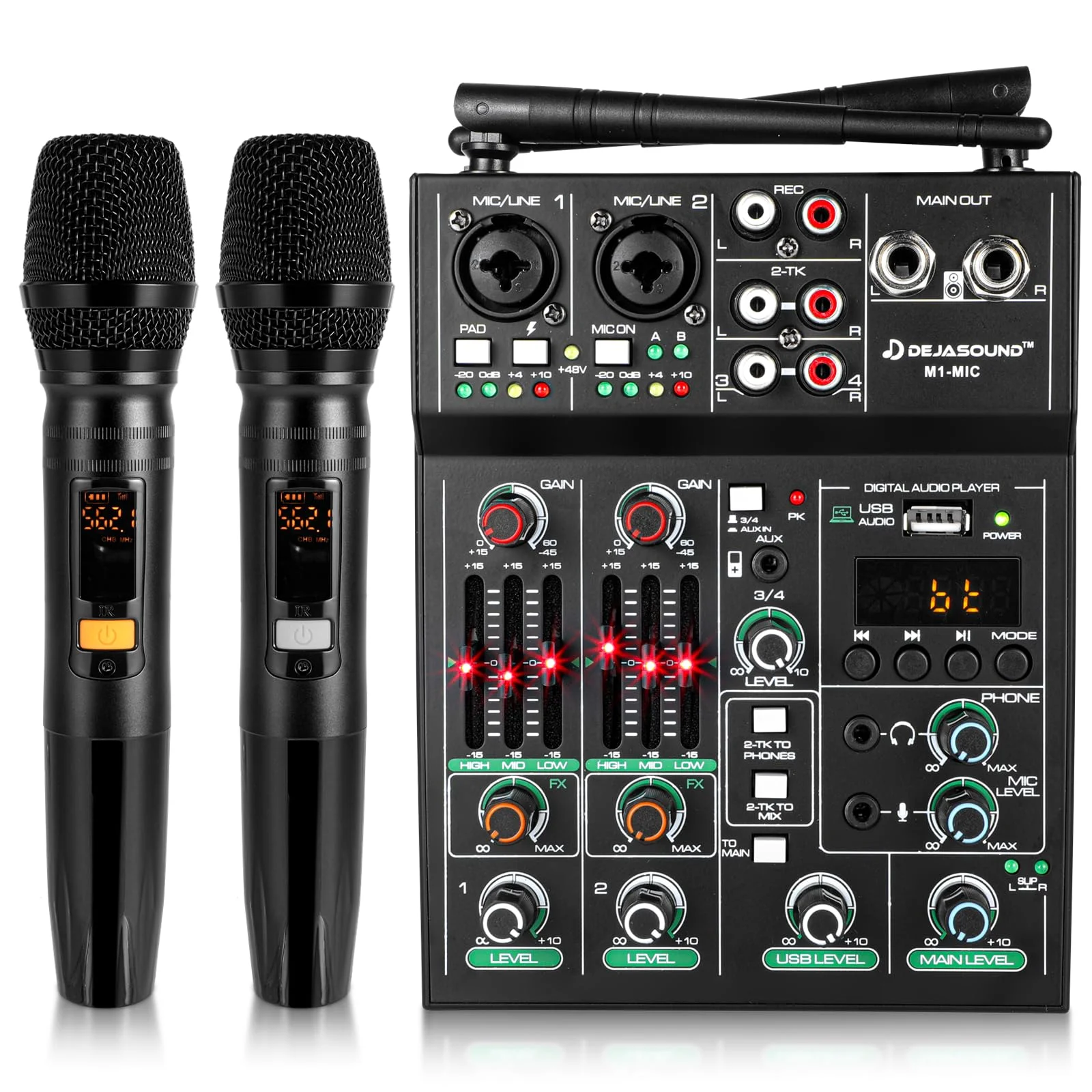 Mezclador de audio 5 canales Dejasound Pro con 2 micrófonos inalámbricos UHF