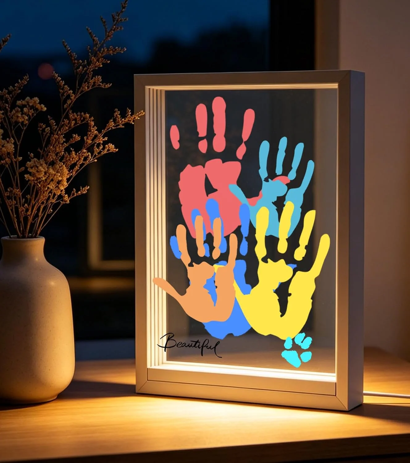 Family Handprint Kit with LED Light Base, Handprint Frame Kit, 12.3x8.7", 4 Transparent Panels, 6 Washable Pigments, Baby Safe Foot Craft, Meaningful Gift for Grandparents (White)