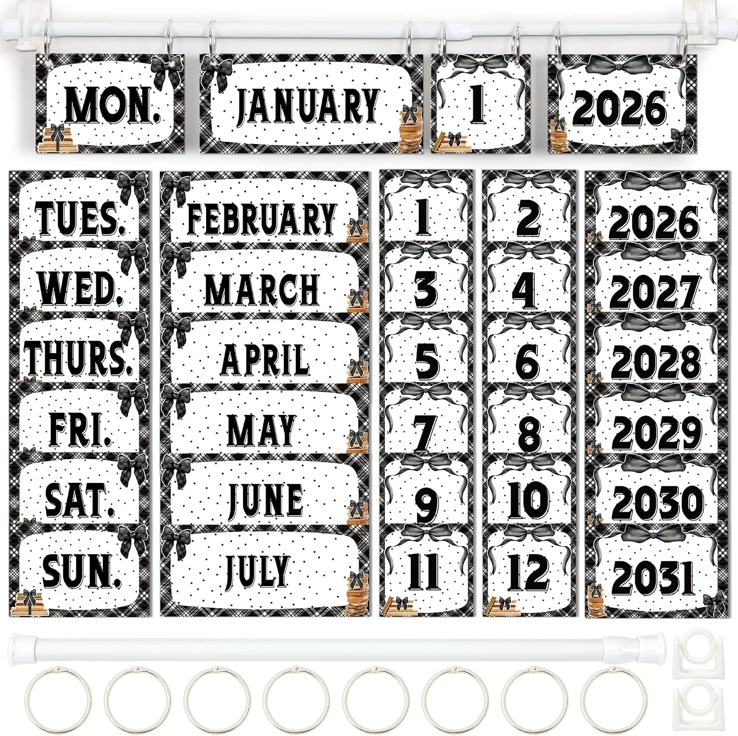 Flip Calendar Bulletin Board Set 59 Date Cards Books and Bows Classroom Decor Black and White Flip Calendar with Adjustable Holder and O-Rings for Teacher Back to School Supplies New Years 2026-2034