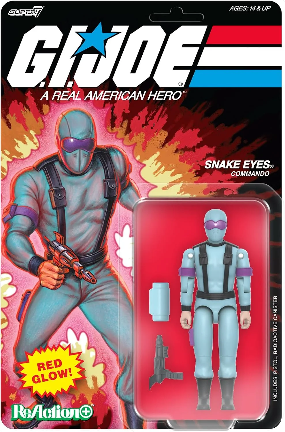 Figura de acción Super7 Reaction+ G.I. Joe Snake Eyes 3.75" rojo fluorescente