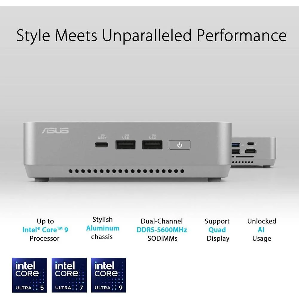 ASUS NUC 14 Pro+ con Intel Core Ultra 9, 32GB RAM, 1TB SSD, Thunderbolt 4 y soporte VESA, chasis de aluminio plateado