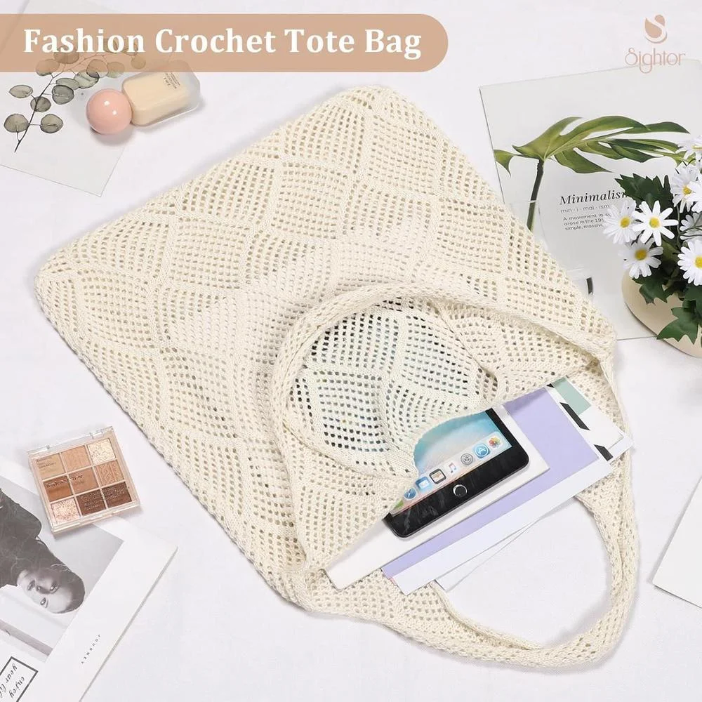 Sightor Bolso Tote Tejido a Crochet, Bolso de Playa de Malla, Bolso Hobo Tejido de Verano, Bolso Tote Boho de Vacaciones para Mujer