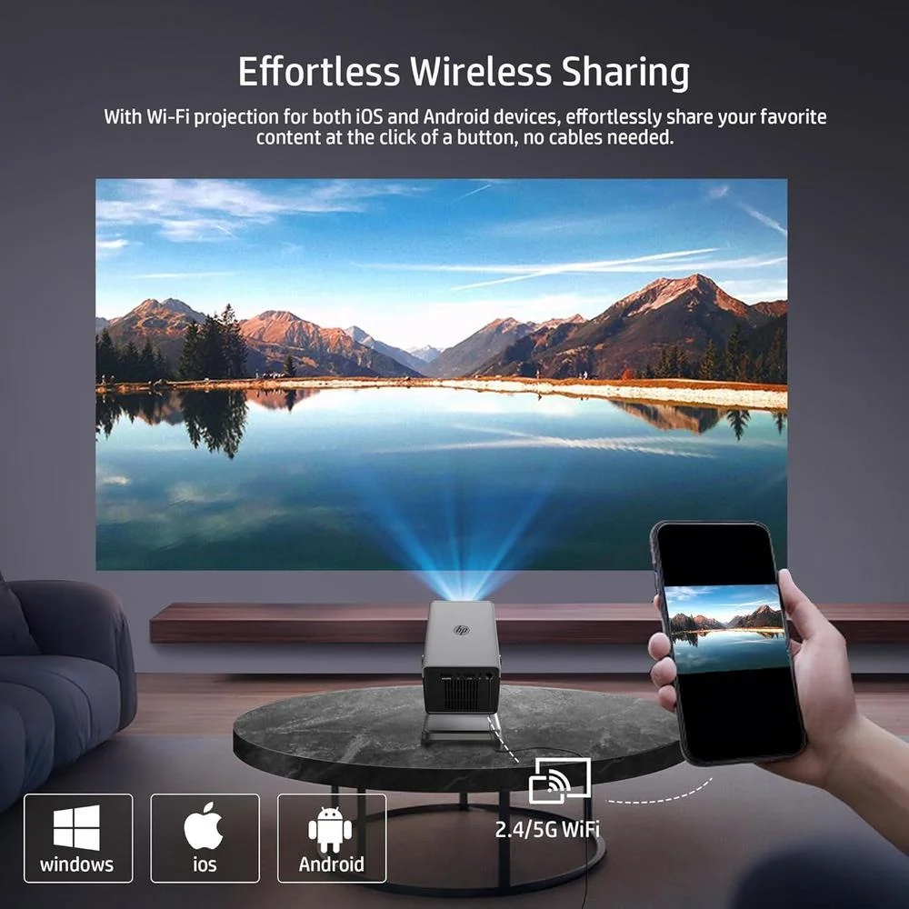 HP MC450 Mini proyector portátil inteligente con WiFi, Bluetooth, aplicaciones con licencia y soporte 4K, control de voz y USB-C