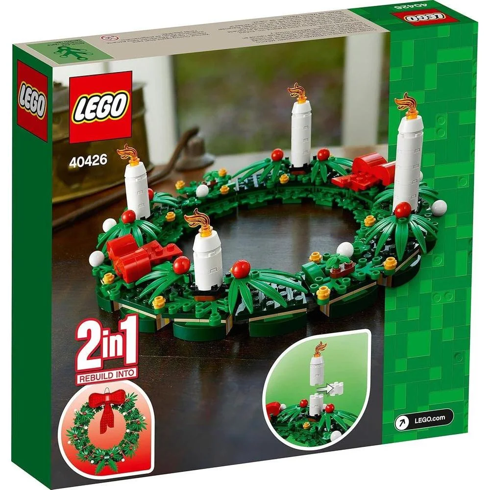 LEGO Corona icónica de Navidad 2 en 1 con lazo rojo y velas de Adviento, decoración festiva para niños y adultos