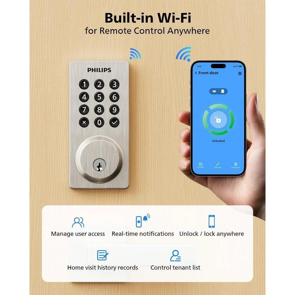 Cerradura inteligente Philips con WiFi integrado, control remoto por app, entrada sin llave y bloqueo automático