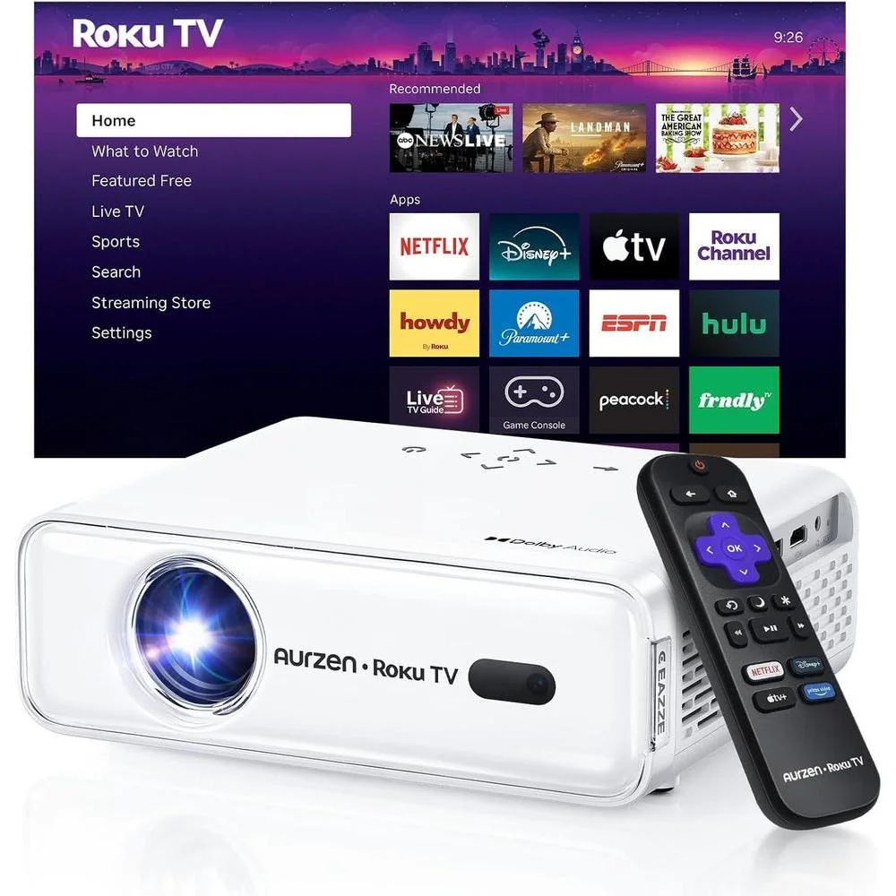 Proyector inteligente Aurzen Roku TV con WiFi y Bluetooth, experiencia de streaming Roku, 1080P FHD, audio Dolby, enfoque automático