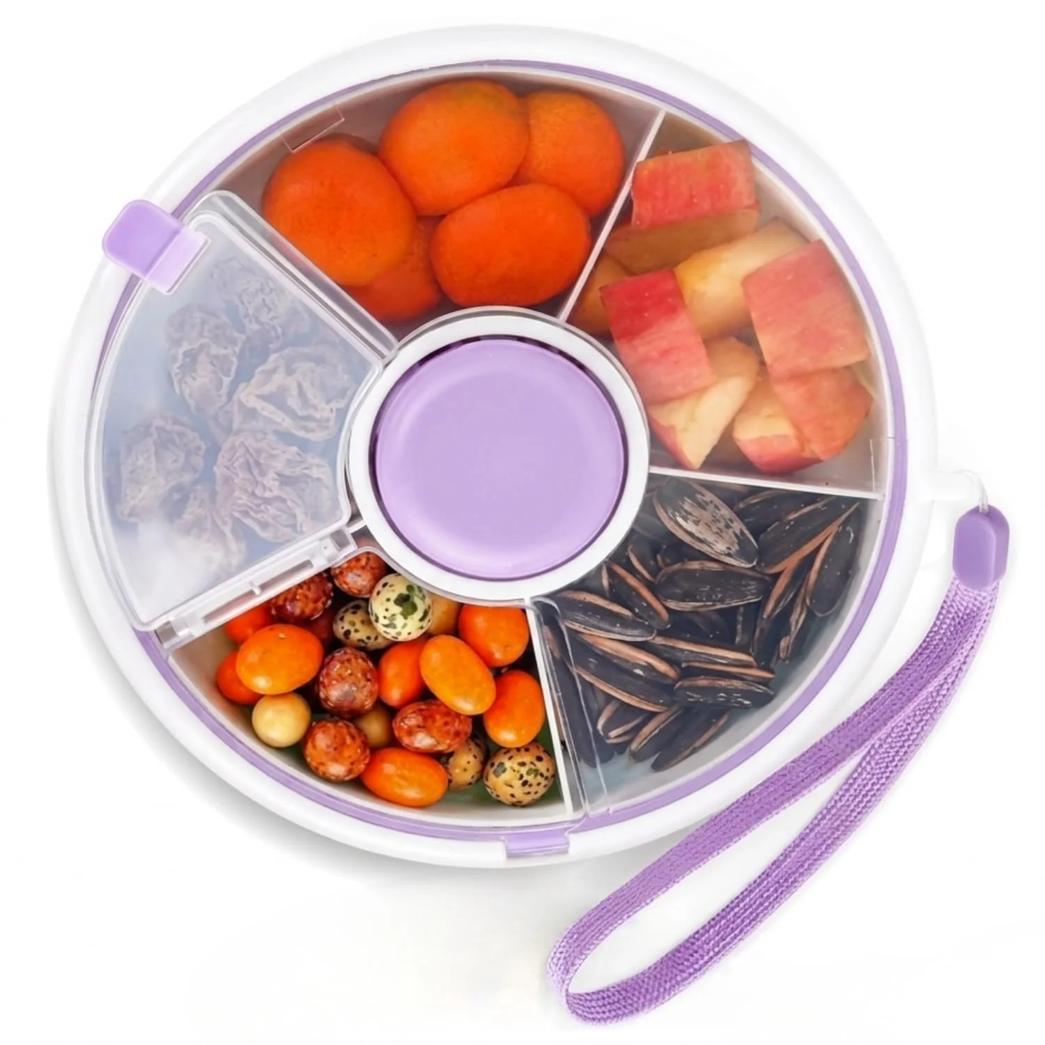 Proudy Portable Snack Spinner Bundle, Food Storage Container, Spinner Box with Rotating Storage, Reusable Kids Snack Container with 5 Compartment Dispenser and Lid, Spinner Box (Purple)