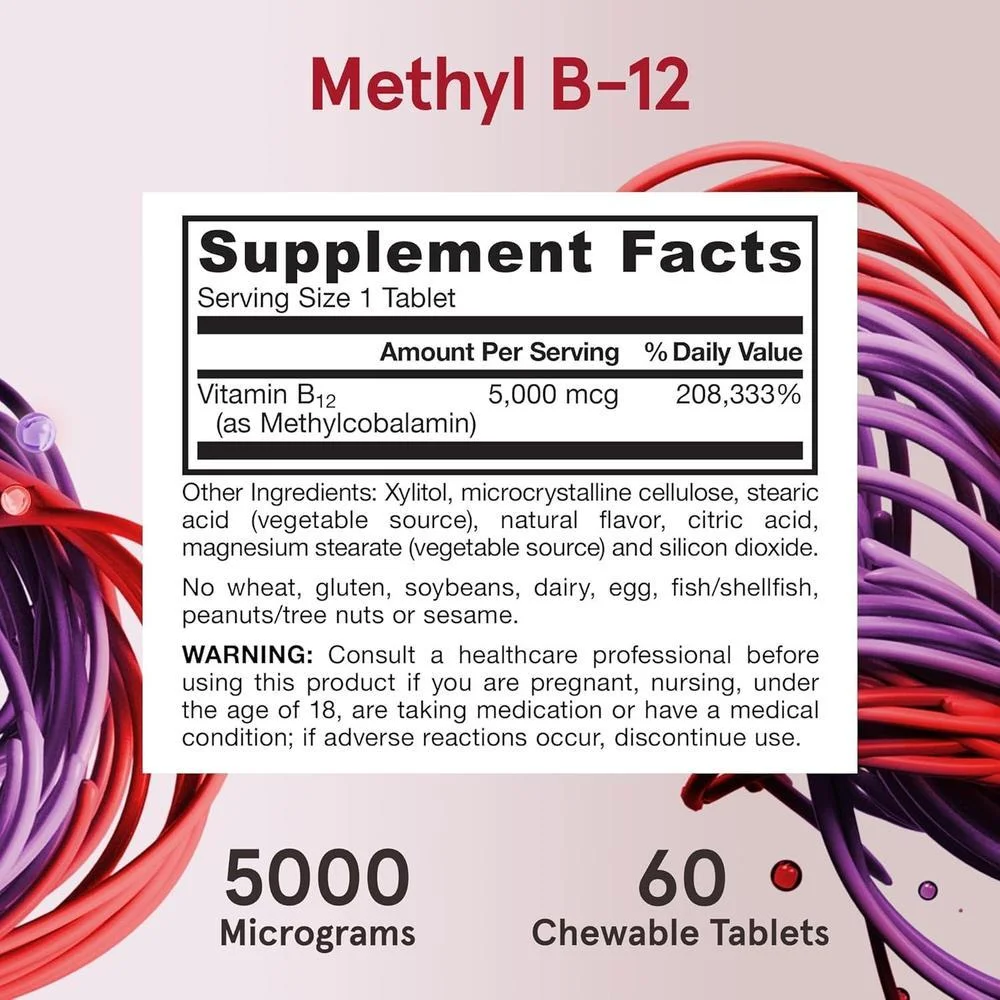 Jarrow Formulas Vitamina B12 Masticable Metilcobalamina 5000 mcg - Sabor Natural a Fruta, Energía y Metabolismo