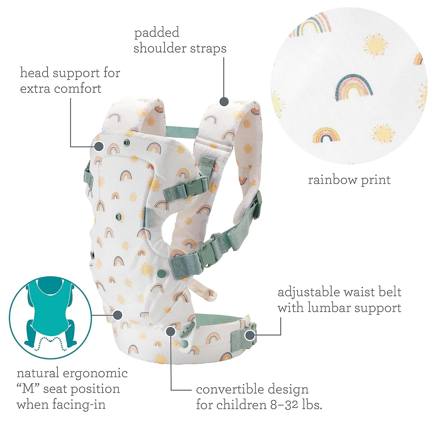 Infantino Flip 4 en 1 Portabebés Ergonómico Convertible Arcoíris