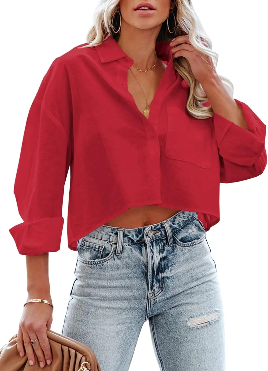 Blusa Tankaneo Cropped Manga Larga Solapa Rojo Talla XL