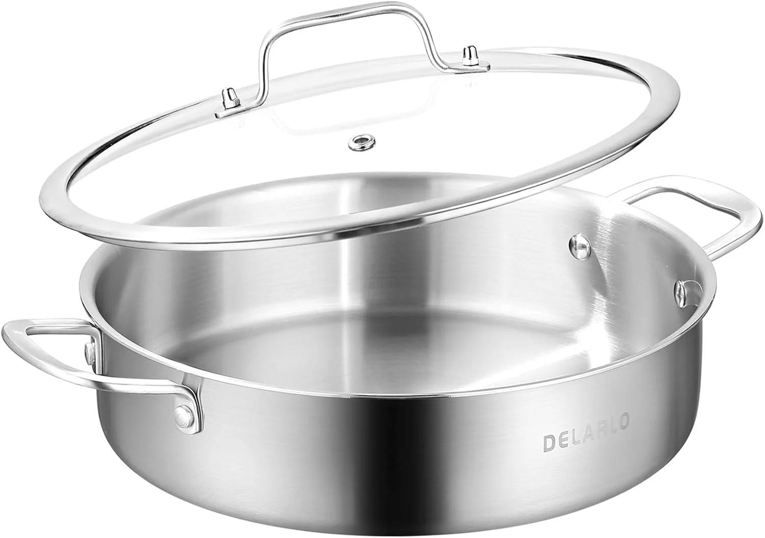 DELARLO 8QT Tri-Ply Stainless Steel Saute Pan With Lid, Jumbo Cooker 13 Inch Deep Frying Pan, Induction Large Skillet, Cooker Pan for Chefs, Dishwasher & Oven Safe