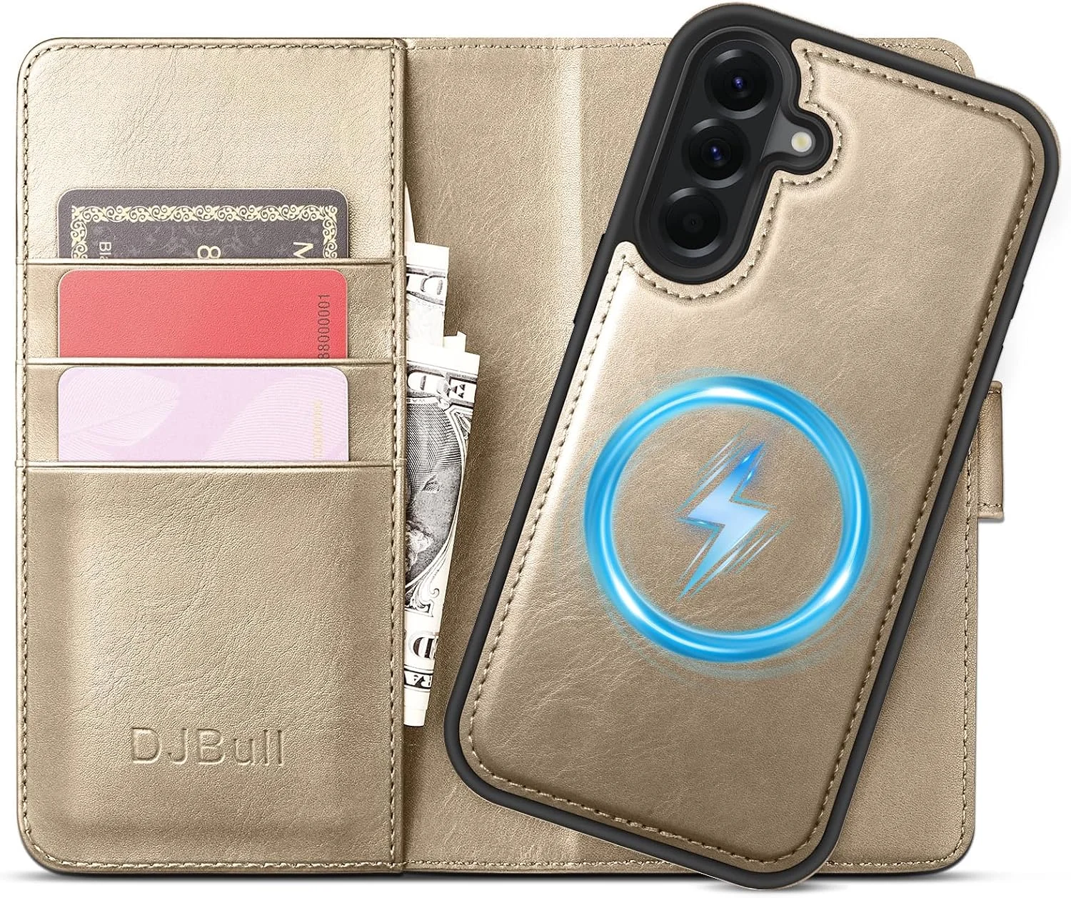 Funda cartera DJBull 2 en 1 para Samsung Galaxy A17 con bloqueo RFID dorada
