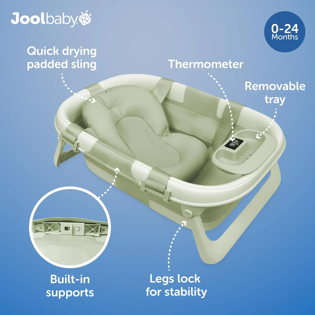 Jool Baby Bañera Plegable Portátil para Bebé con Termómetro Sage