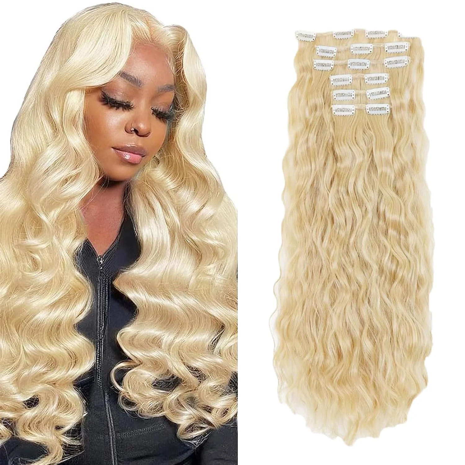 Extensiones de cabello clip-in Lakaisa #613 rubio ondulado 20 pulgadas 120g 7 piezas