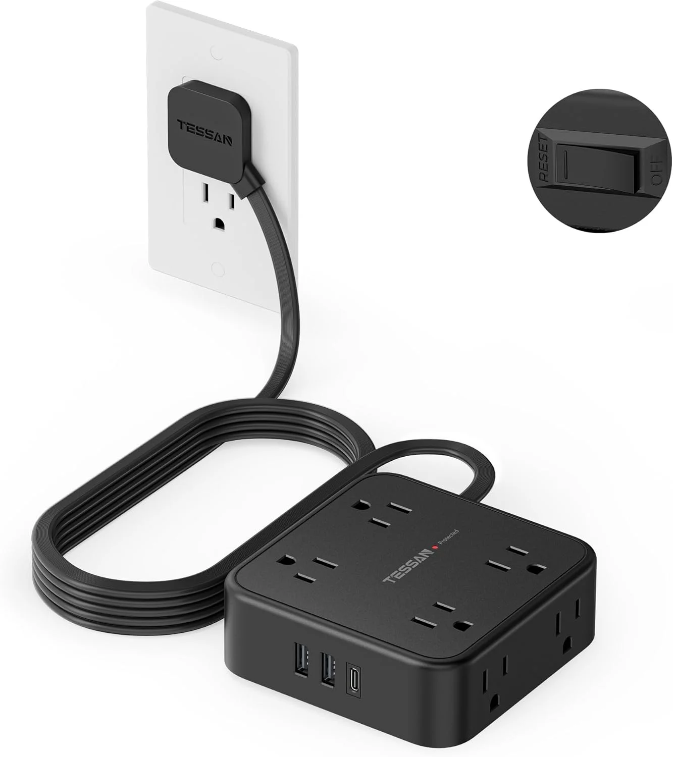 Extensión de corriente Tessan con protección contra sobretensiones 900J, 10 pies, negro