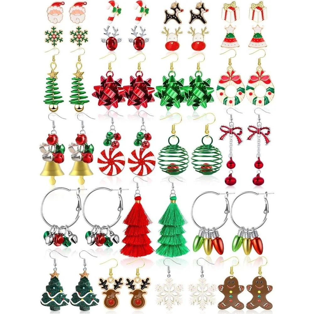 23 Pairs Christmas Earrings for Women Xmas Holiday Dangle Earrings Christmas Stud Tree Snowflake Bow Bells Light Earrings Bulk Cute Christmas Party Jewelry Gifts