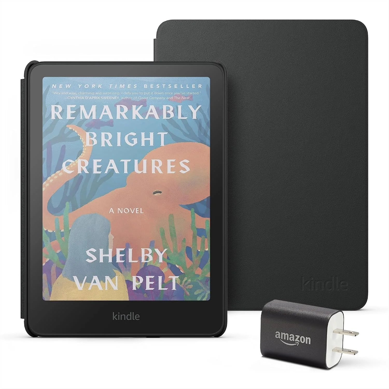 Kindle Colorsoft Essentials Bundle including Kindle Colorsoft (16 GB) – With color display - Black, Plant-Based Leather Cover-Black and Power Adapter