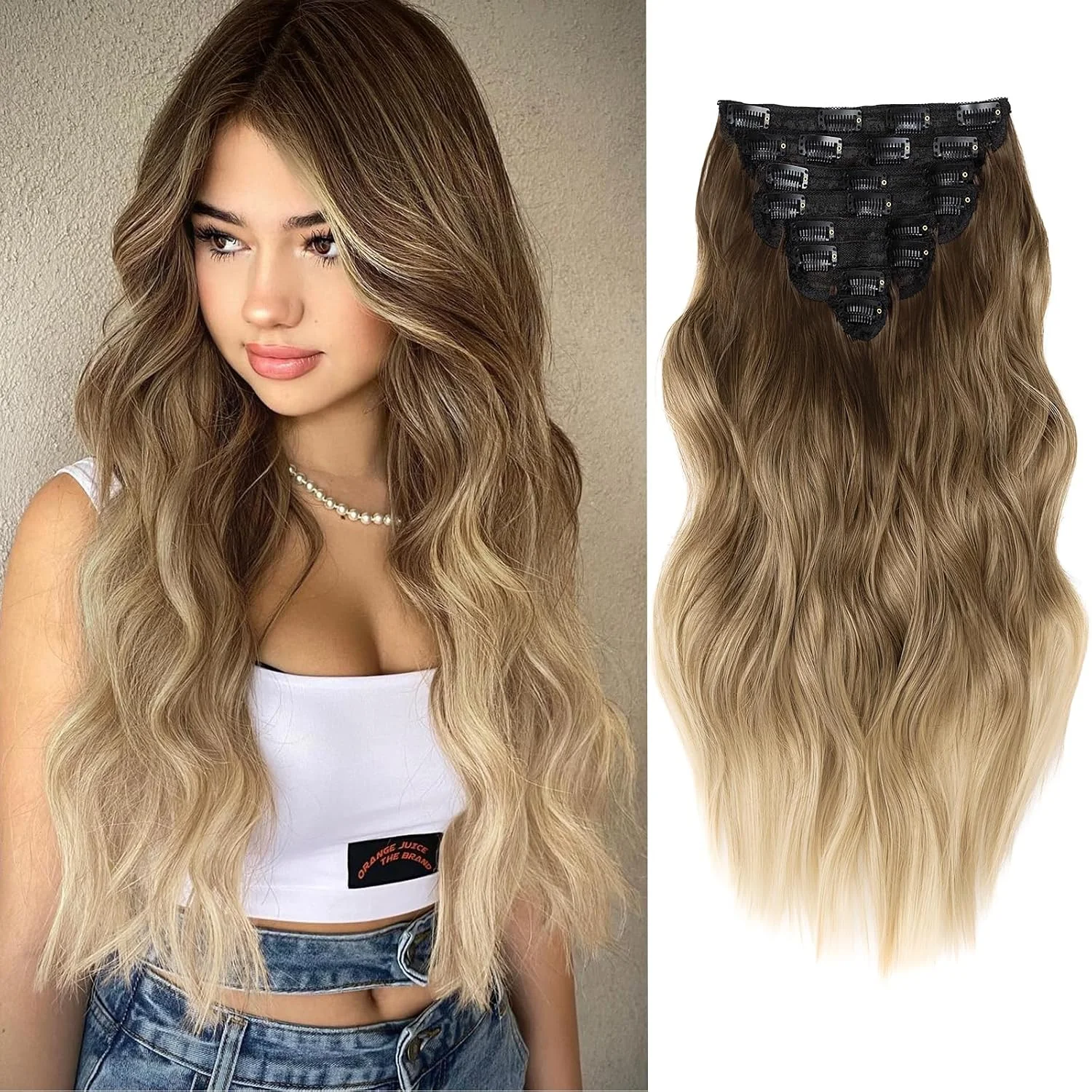 Extensiones de cabello clip in ondulado ombré rubio 20 pulgadas 8 piezas