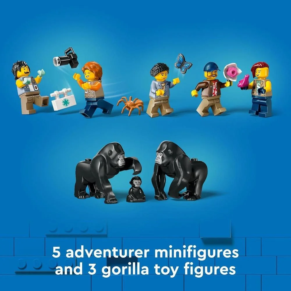 LEGO City Jungle Explorer, helicóptero de juguete en campamento base con 5 minifiguras y figuras de gorila, para niños de 8 años en adelante