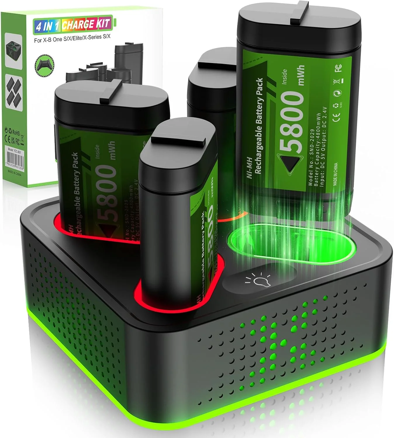NBSoul Rechargeable Battery Pack for Xbox One/Series X/S,4 x 5800mWh Rechargeable Batteries with RGB Charger Station,Fast Charging Battery Station for Xbox One S/X/X-Sereies S/X