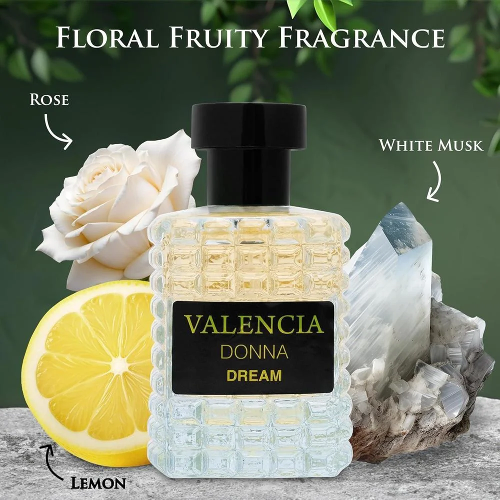 Valencia Donna Dream Eau De Parfum para mujer, fragancia floral cítrica con notas de lichi, bergamota, rosa turca y almizcle