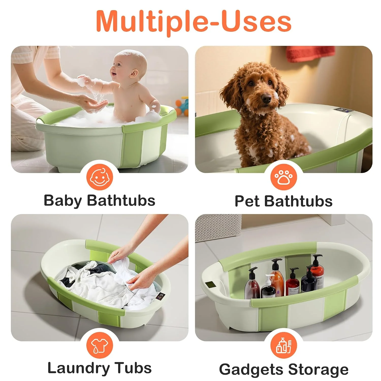 Spluvvly Bañera Plegable Grande para Bebé con Termómetro y Cojín Verde