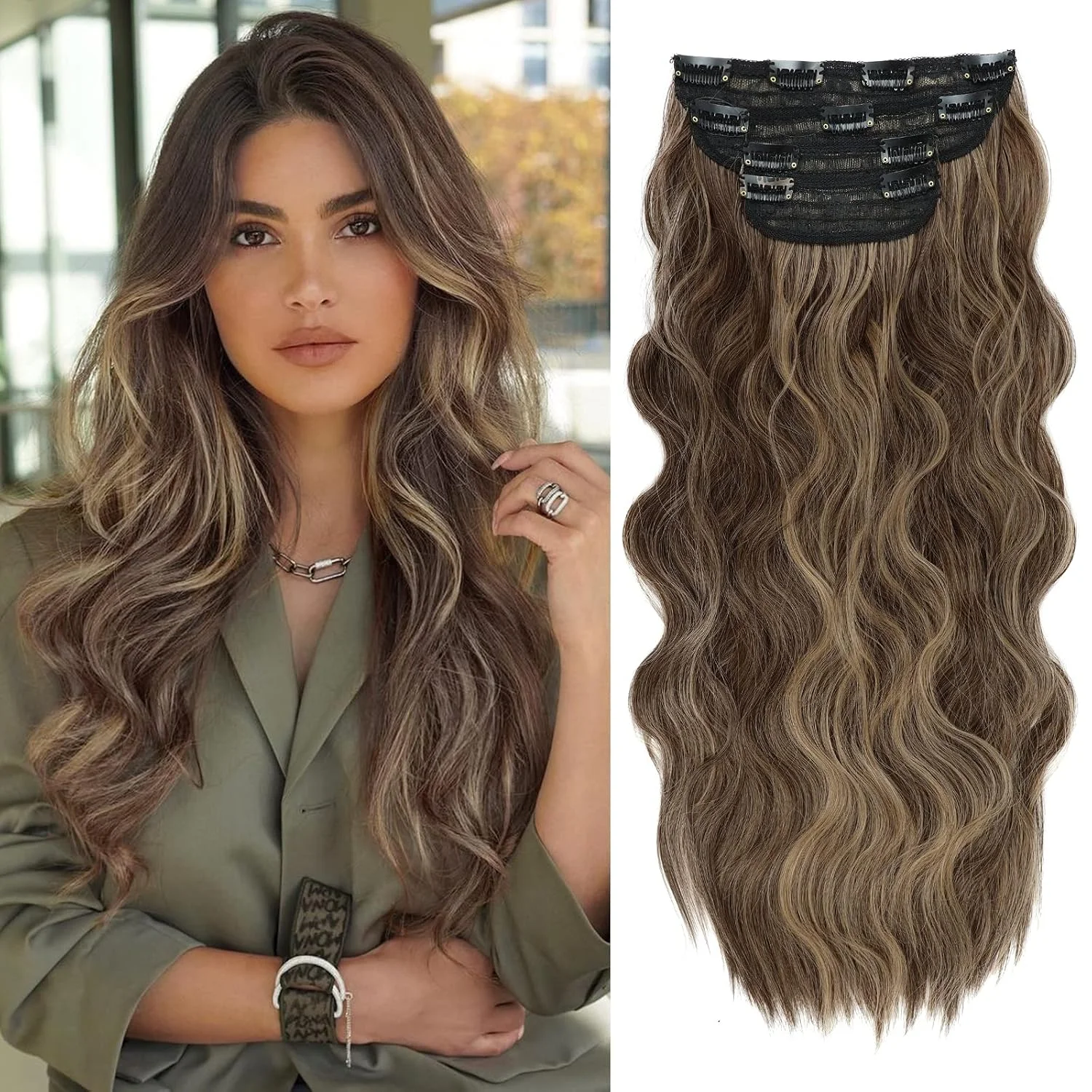 Extensiones de cabello clip in Verna 20 pulgadas castaño dorado rizado 4 piezas