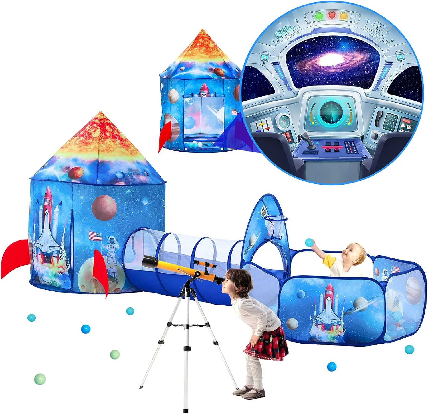 Carpa infantil PigPigPen 3 en 1 con túnel y piscina de pelotas tema espacio