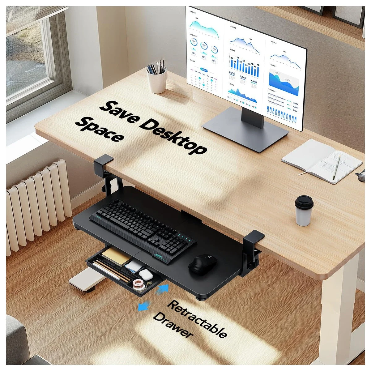 Bandeja para teclado debajo del escritorio HUANUO con soporte resistente de abrazadera en C, plataforma deslizante y cajón de almacenamiento