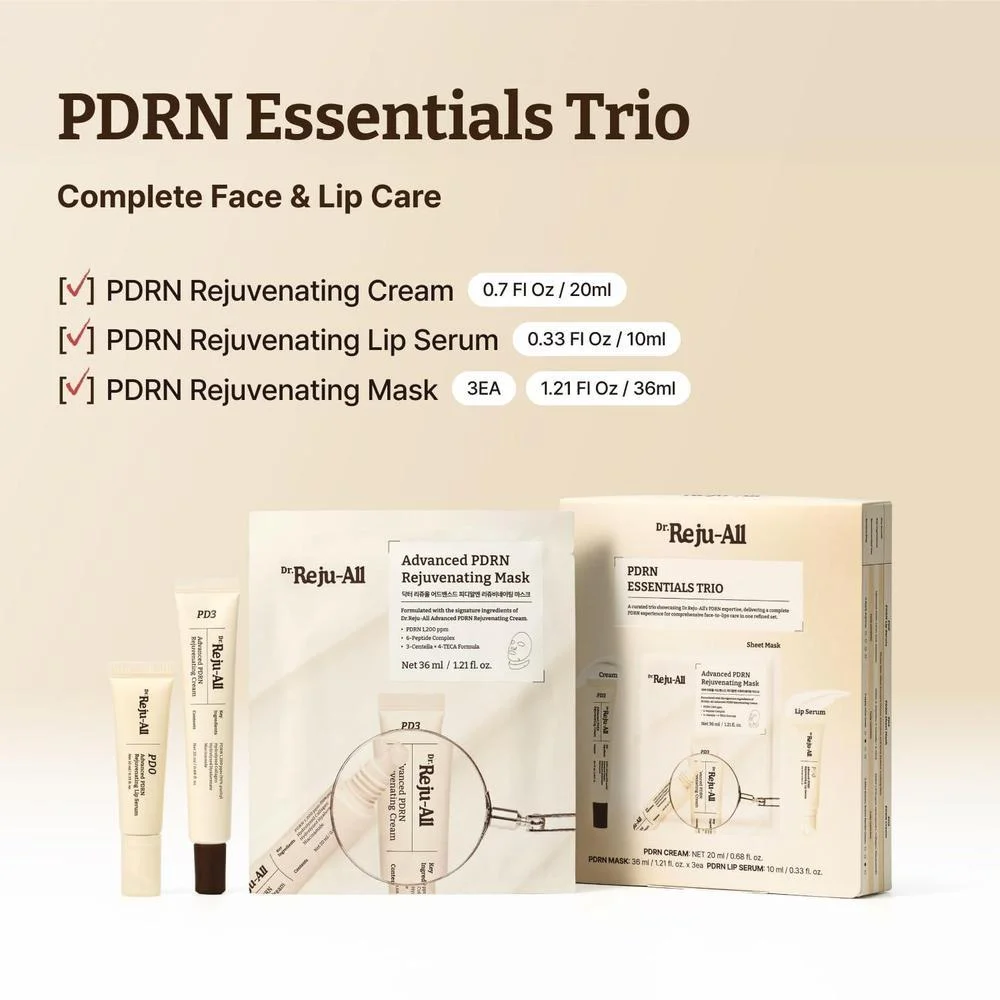Set De Cuidado Facial Coreano PDRN Essentials Trio Con Crema, Sérum De Labios Y Mascarilla Para Hidratación