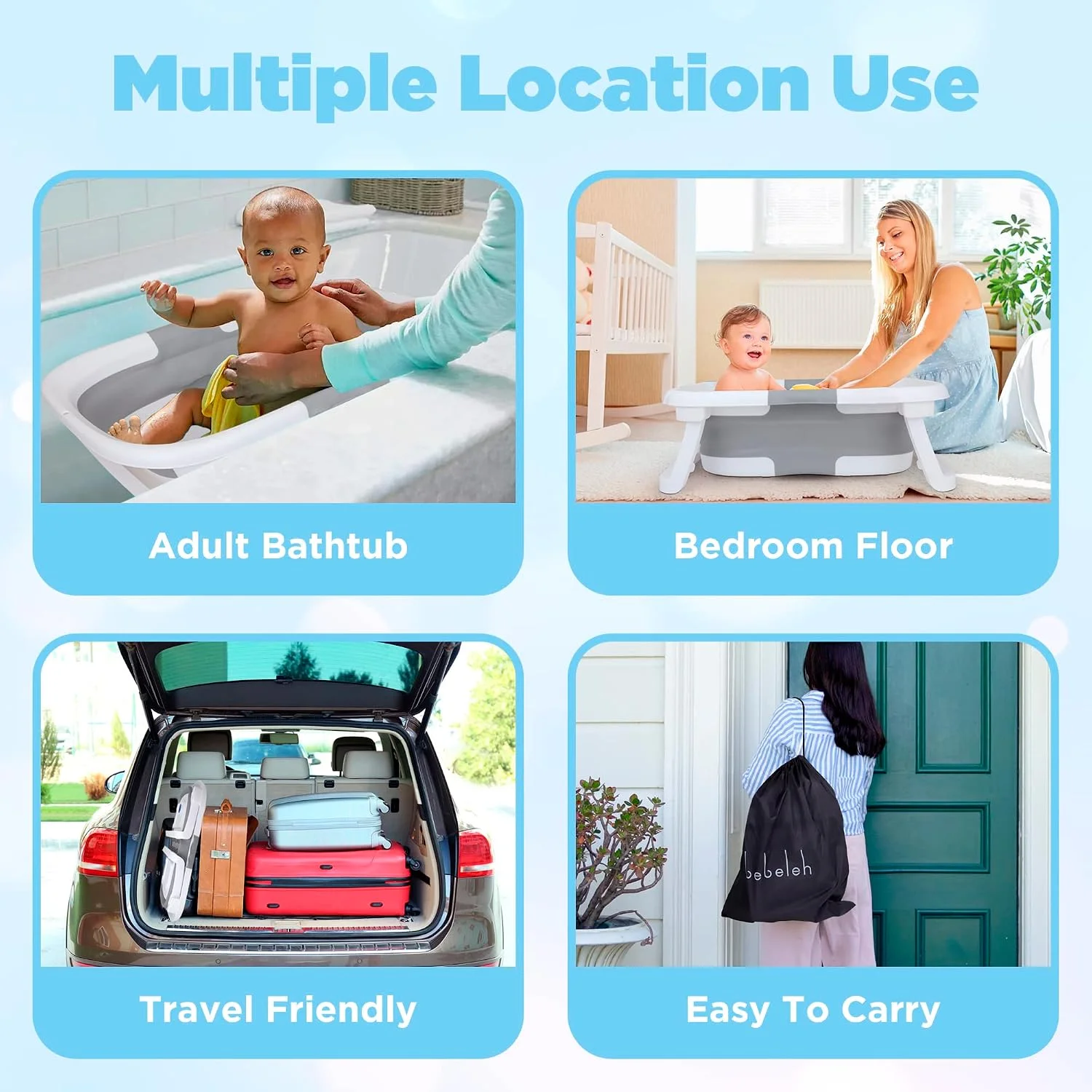 BEBELEH Bañera Plegable para Bebé con Termómetro y Doble Hamaca Gris
