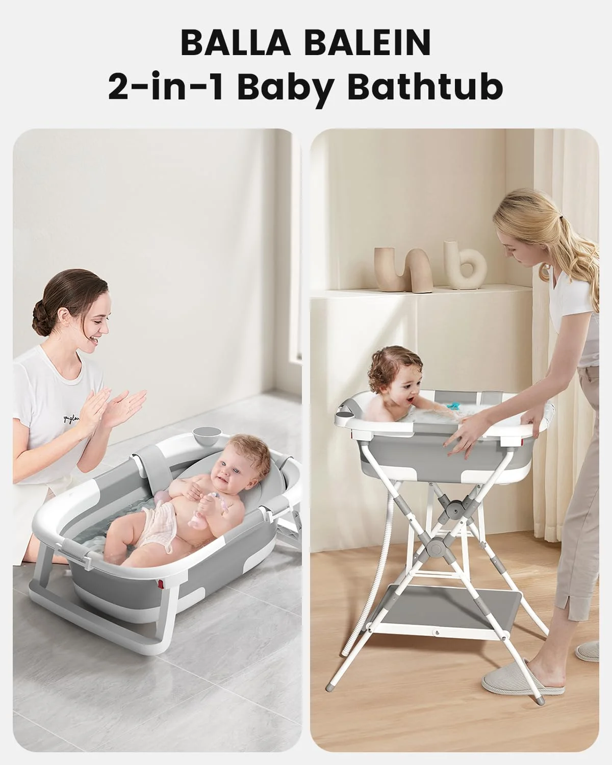 BALLA BALEIN Bañera 2 en 1 con Soporte Plegable y Cojín Suave Gris Modelo 2